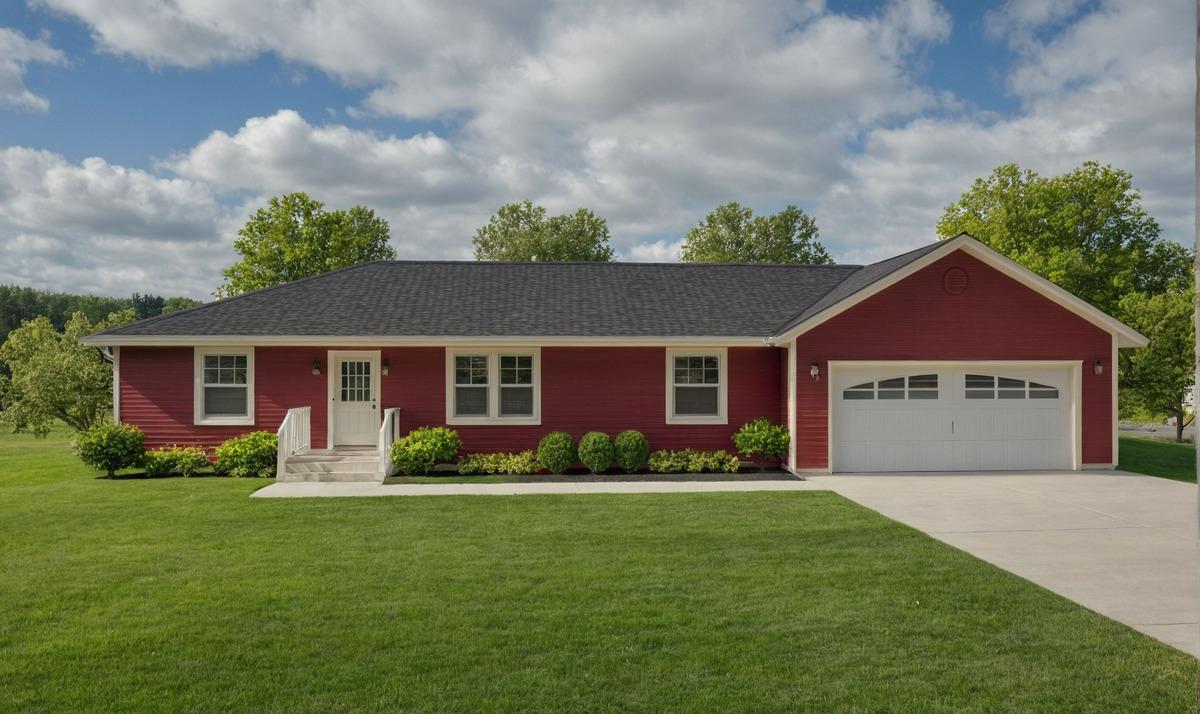Red ranch-style home with white trim, dark roof, attached single garage, concrete driveway, and manicured front yard with shrubs and small front steps.