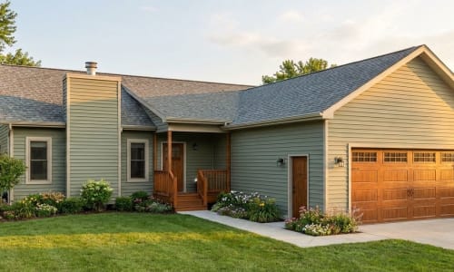 Modern gray cottage by Wisconsin Homes with large front windows, black trim, and cozy porch seating.