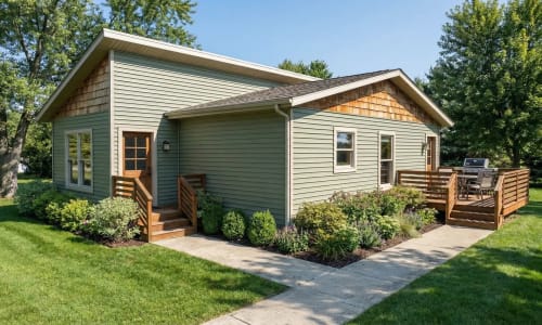 Small green cottage home by Wisconsin Homes with wood deck, manicured lawn, and landscaped garden.