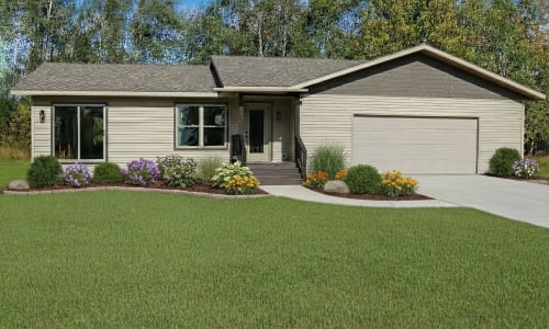 Beige ranch-style modular home with covered entry and attached two-car garage by Wisconsin Homes.