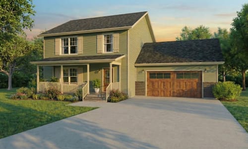 Green Colonial-style modular home by Wisconsin Homes in Marshfield, WI with wood-tone door and garage.