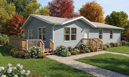 Blue cottage-style modular home by Wisconsin Homes in Marshfield, WI with flower beds and dual wooden porches.