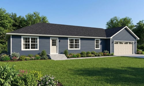 Blue modular home with light-colored garage door, white trim, and front yard landscaping by Wisconsin Homes in Marshfield, WI.