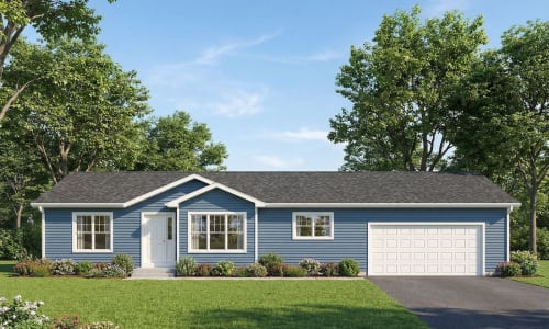 Blue modular ranch home with white trim, two-car garage, and front landscaping by Wisconsin Homes in Marshfield, WI.