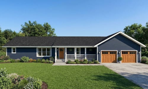 Blue ranch-style modular home by Wisconsin Homes with wood-tone garage doors and a white columned porch in Marshfield, WI.