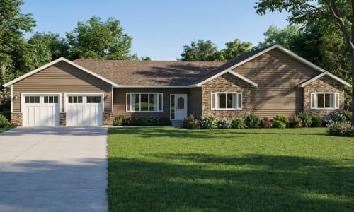 Brown ranch-style modular home by Wisconsin Homes with stone façade, white trim, and dual garage doors in Marshfield, WI.