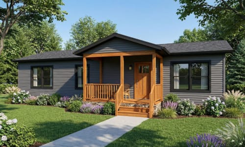 Charcoal gray cottage-style modular home by Wisconsin Homes in Marshfield, WI featuring a warm wood front porch and landscaped walkway.