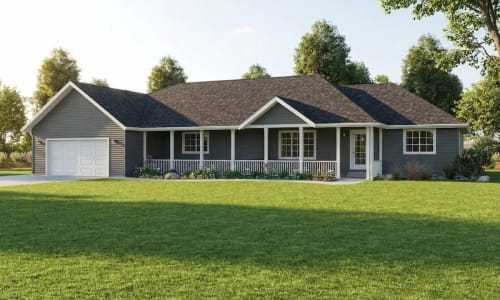 Dark gray modular ranch home by Wisconsin Homes with white trim, front porch, and attached garage in Marshfield, WI.