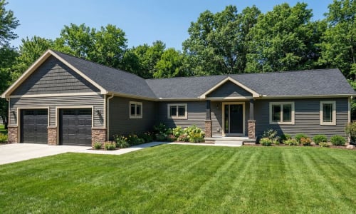 Dark ranch-style modular home by Wisconsin Homes with black garage doors and stone columns in Marshfield, WI.