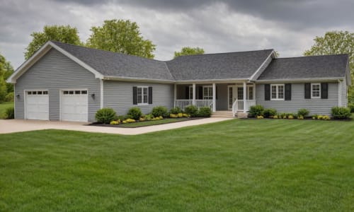 Gray cottage-style home with white trim, black shutters, a covered front porch, and attached two-car garage.