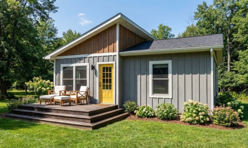 Gray cottage-style modular home by Wisconsin Homes in Marshfield, WI featuring board-and-batten siding, a yellow front door, wood gable accent, and cozy front deck with outdoor seating.