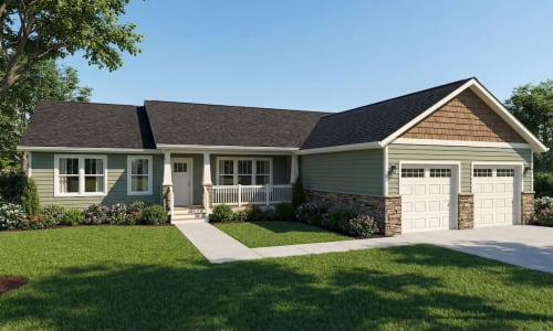 Green ranch-style modular home by Wisconsin Homes with stone siding, white trim, and covered front porch in Marshfield, WI.