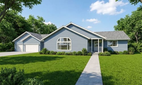 Light blue ranch-style modular home by Wisconsin Homes with large arched front window and attached garage in Marshfield, WI.