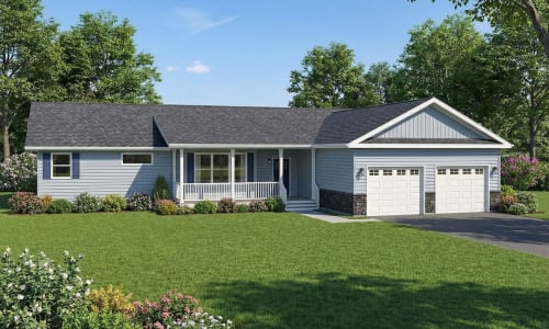 Light blue ranch-style modular home by Wisconsin Homes with stone accents, white trim, and front porch in Marshfield, WI.
