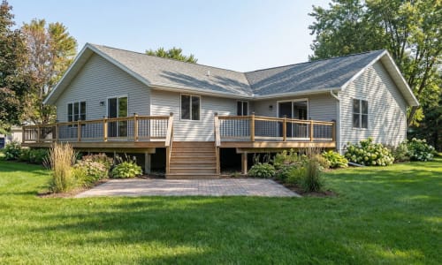 Light-toned cottage-style modular home by Wisconsin Homes in Marshfield, WI with raised deck and patio landing.