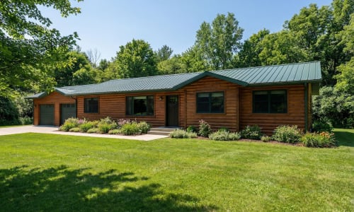 Log-style modular ranch home by Wisconsin Homes with green metal roof and natural wood exterior in Marshfield, WI.