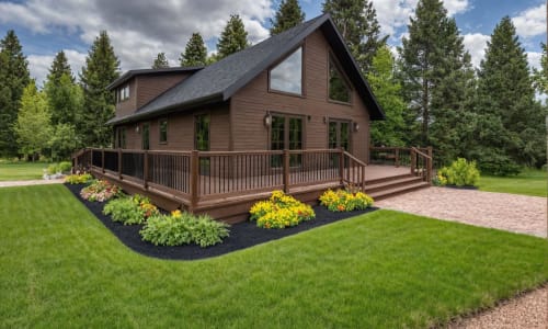Modern brown cabin-style home with a steep roofline, large triangular windows, a wraparound deck with black railings, and colorful flower beds surrounded by trees.