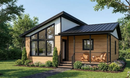 Modern cottage-style modular home by Wisconsin Homes in Marshfield, WI featuring wood siding, black metal roof, large windows, and a cozy front porch with Adirondack chairs.