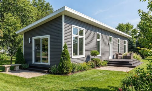 Modern gray cottage-style modular home by Wisconsin Homes in Marshfield, WI featuring flat roof, tall windows, and garden patio.