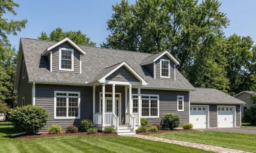 Cape Cod style modular home by Wisconsin Homes in Marshfield, WI with gray siding and attached garage.