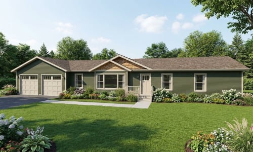Single-story green modular ranch home with attached garage built by Wisconsin Homes in Marshfield, WI.
