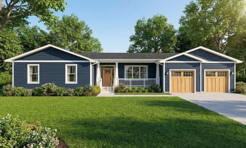 Navy blue ranch-style modular home by Wisconsin Homes with natural wood garage doors and white porch trim in Marshfield, WI.