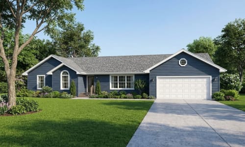 Navy ranch-style modular home by Wisconsin Homes with arched front window and white garage in Marshfield, WI.