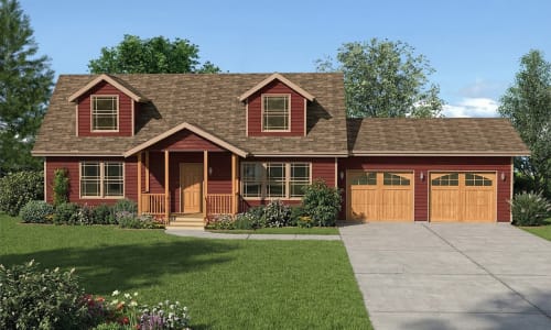 Red Cape Cod modular home by Wisconsin Homes in Marshfield, WI with wood accents and double garage.