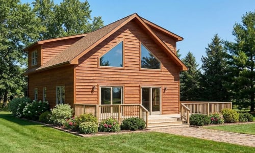 Rustic Chalet-style modular home by Wisconsin Homes in Marshfield, WI with natural wood siding and large front windows.