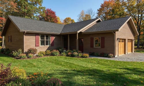 Rustic cottage-style modular home by Wisconsin Homes in Marshfield, WI with wood siding, red shutters, and attached garage.