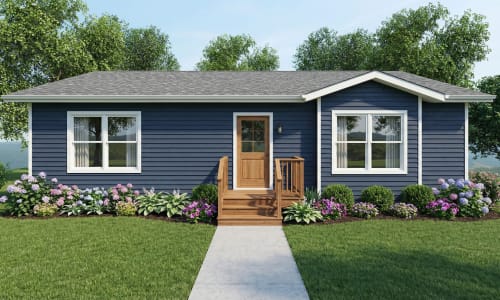 Small blue modular home with wooden front steps and colorful flower landscaping by Wisconsin Homes in Marshfield, WI.