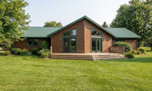 Wood cottage-style modular home by Wisconsin Homes in Marshfield, WI with green metal roof and large back deck.