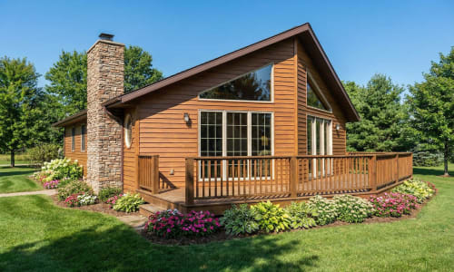 Wood cottage-style modular home by Wisconsin Homes in Marshfield, WI with stone chimney and front deck.
