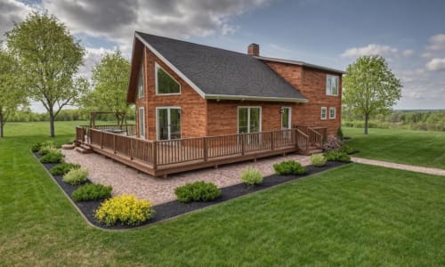 Wood-sided modern chalet featuring large triangular windows, a wraparound deck, brick walkways, and neatly landscaped greenery in a spacious open yard.