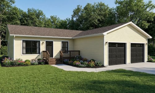 Yellow cottage-style modular home built by Wisconsin Homes, featuring two black garage doors with window detailing, a small wood front porch, and vibrant flowerbeds lining the entry path.