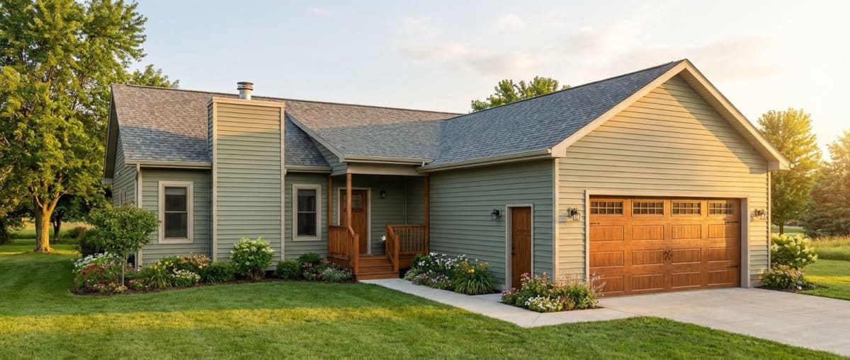 Green accessible cottage home by Wisconsin Homes with front porch ramp, white railing, and wood garage door.