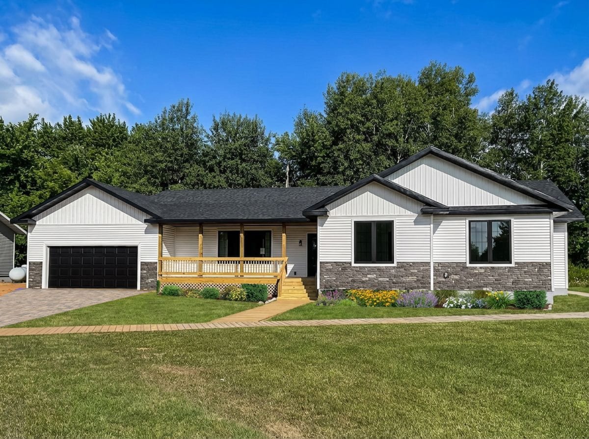 Modern white ranch-style home with black trim, large black windows, a covered porch, stone accents, and colorful front landscaping on a well-kept lawn.