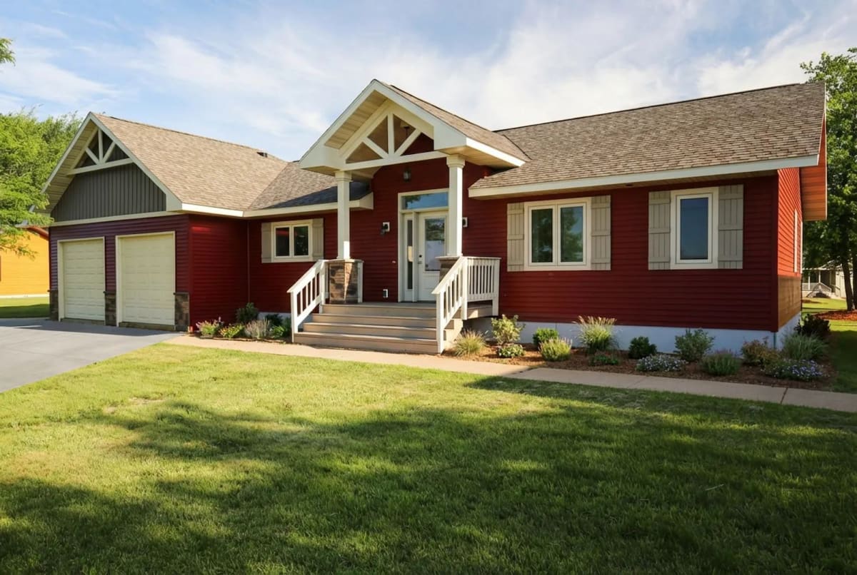 Red ranch-style modular home with gabled front entry, tan shutters, and attached garage by Wisconsin Homes.