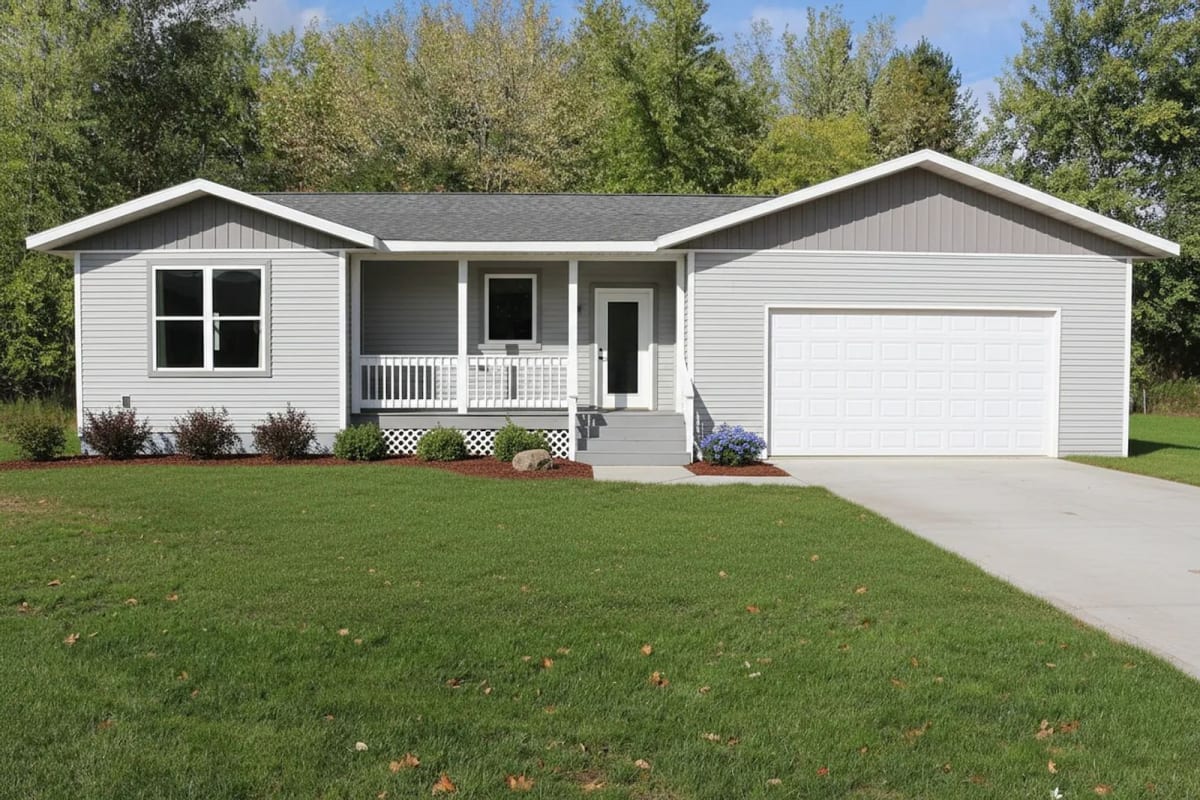 Gray ranch-style modular home with white trim, front porch, and attached garage by Wisconsin Homes.