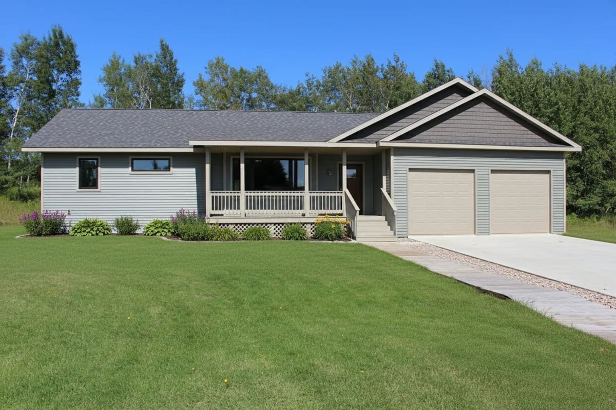 Light gray ranch-style modular home with covered front porch and two-car garage by Wisconsin Homes.