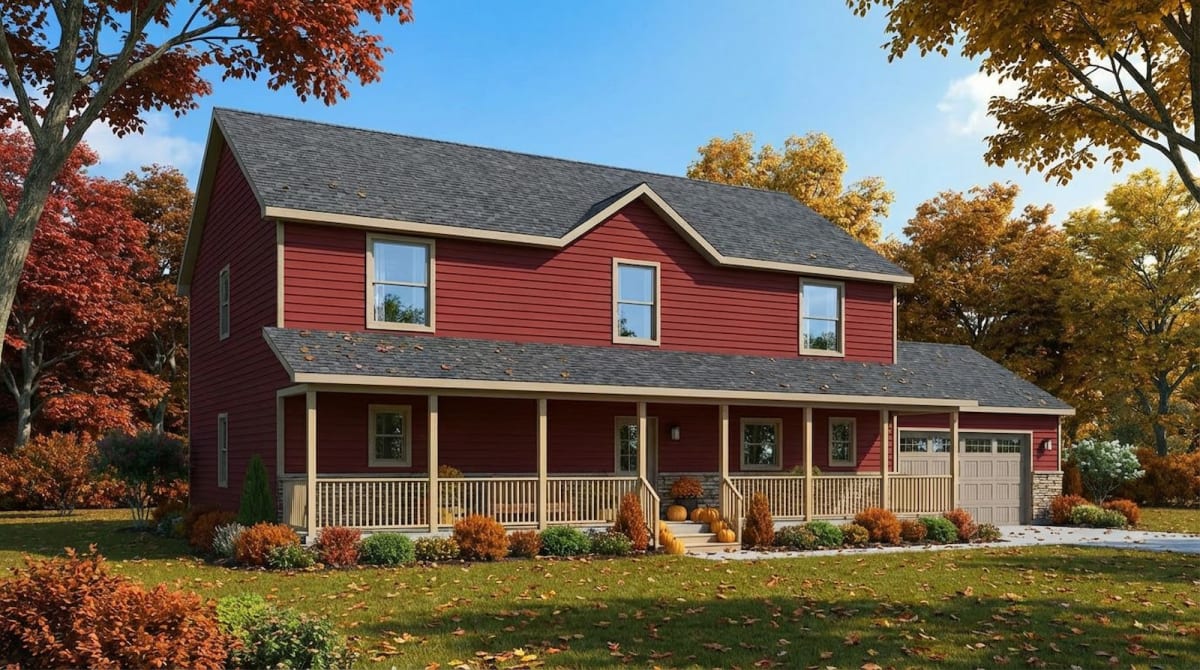 Red Colonial-style modular home by Wisconsin Homes in Marshfield, WI with covered porch and attached garage.