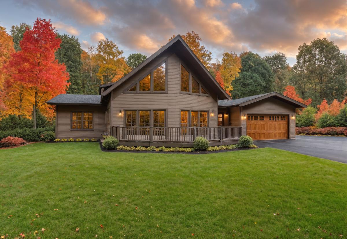 Contemporary chalet-style home surrounded by autumn trees, featuring a steep gable roof, expansive windows, a wooden front deck, and an attached garage with a wood-paneled door.