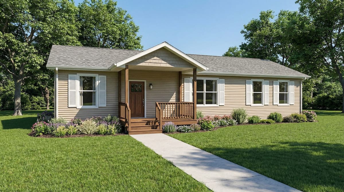 Beige cottage-style modular home by Wisconsin Homes in Marshfield, WI with white shutters, gable porch, and landscaped front yard.