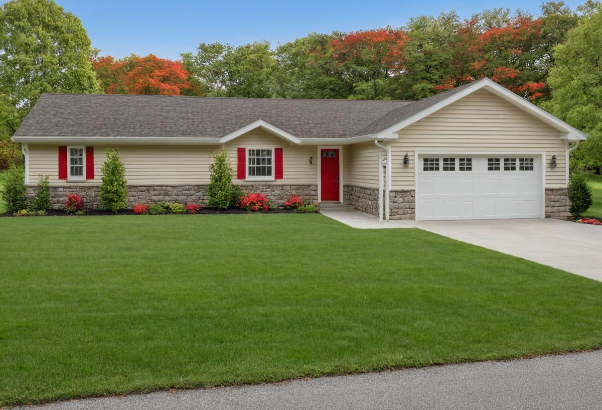 Beige ranch-style home with stone foundation, red shutters and door, and attached white two-car garage.