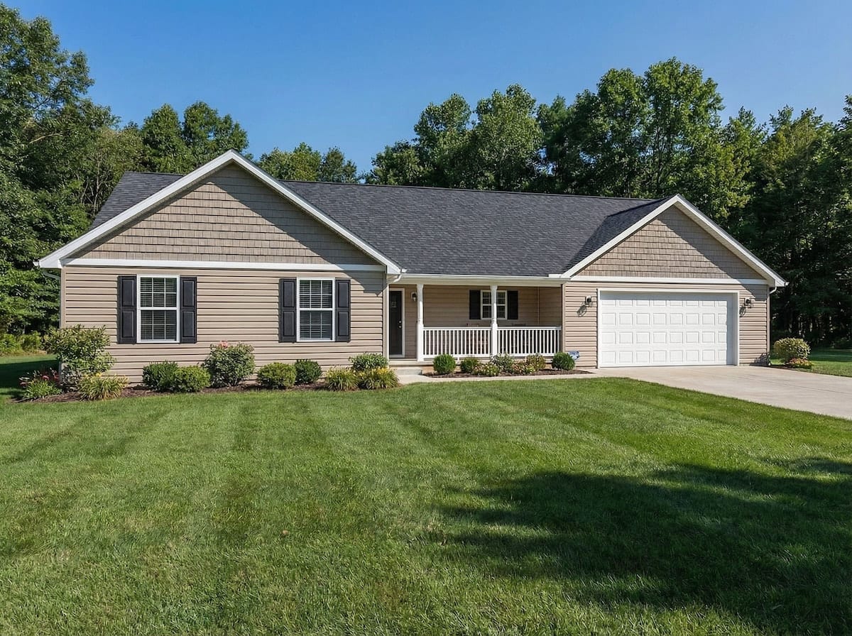 Beige ranch-style modular home by Wisconsin Homes with black shutters, white porch railing, and attached garage in Marshfield, WI.