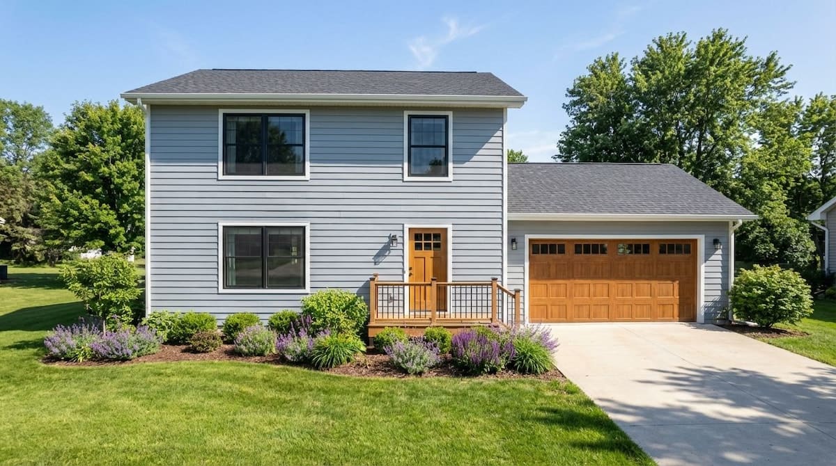 Blue Colonial-style modular home by Wisconsin Homes in Marshfield, WI with wood-tone door and garage.