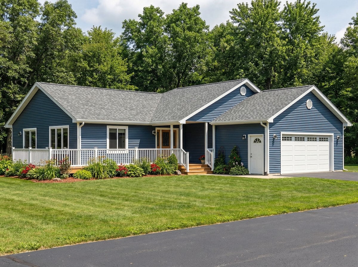 Blue cottage-style modular home by Wisconsin Homes in Marshfield, WI with white trim, front porch, and attached garage.