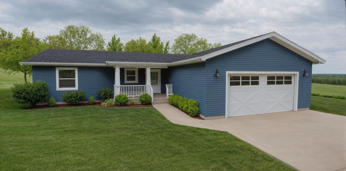 Blue ranch-style house with white trim, a front-facing attached garage, small covered porch, and simple landscaping with shrubs and a neatly mowed lawn.