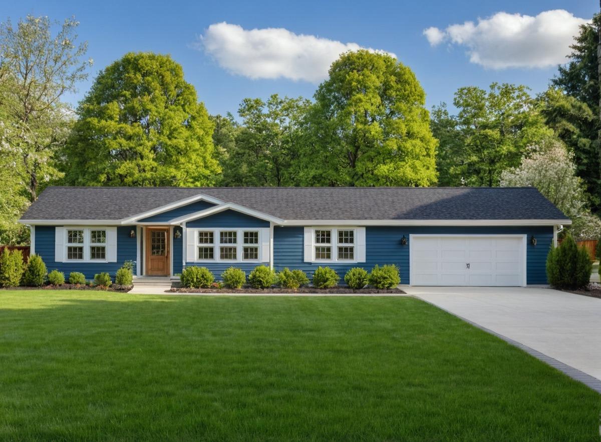 Blue ranch-style home with white shutters, dark roof, wood front door, attached white garage, and a well-maintained front lawn with simple landscaping.