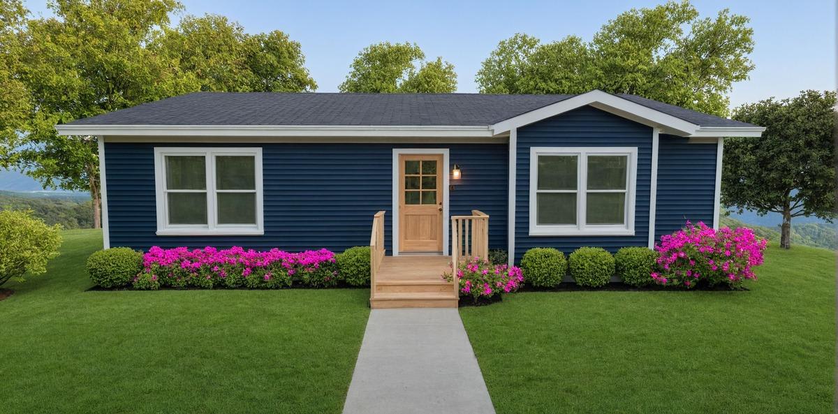 Small blue ranch-style house with white trim, a natural wood front door, dark roof, and bright landscaping featuring pink and green shrubs along the front walkway.
